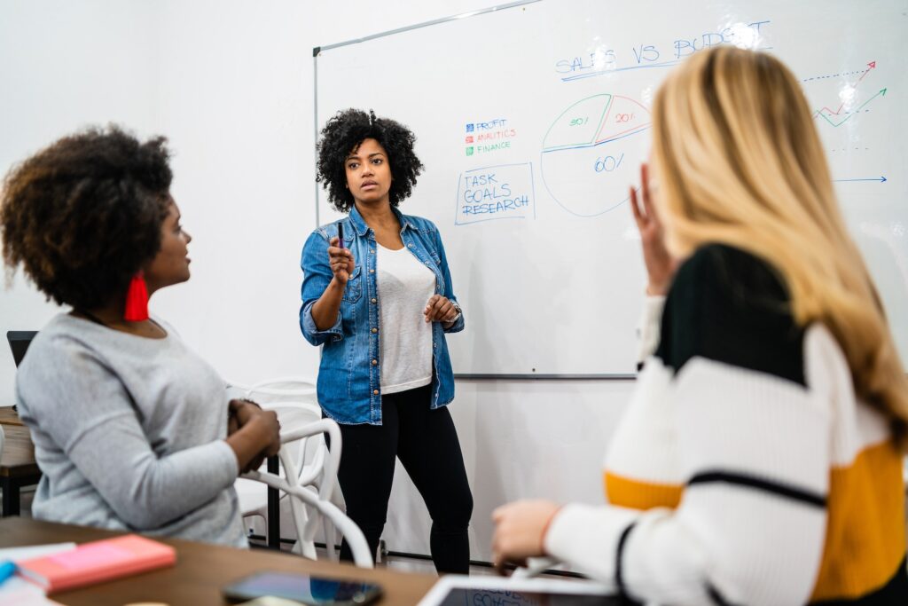 Manager woman leading a brainstorming meeting.